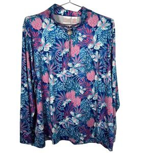 Colorful Workout Top Tropical Pineapple Zip Up Pullover‎ Stella Parker Top 3X